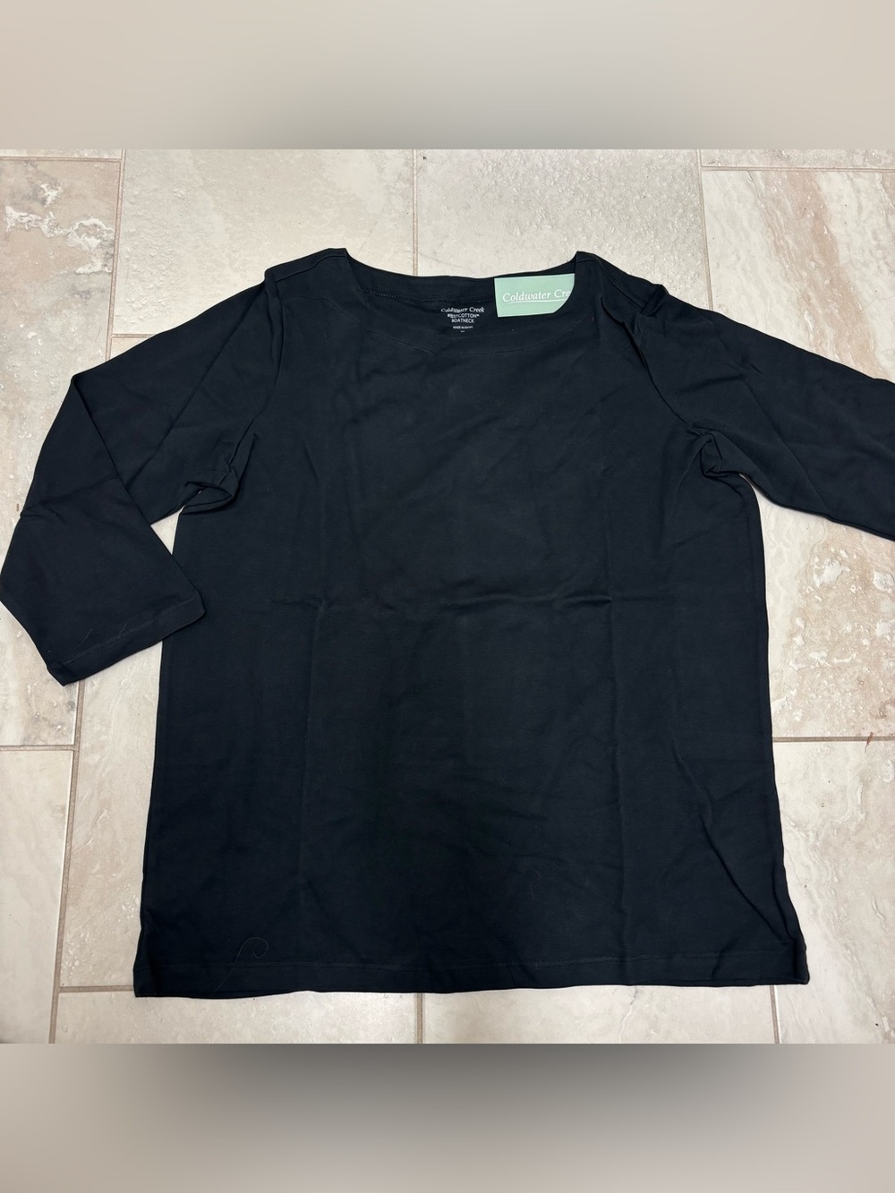 Coldwater Creek NWT XL Black ‘Best Cotton’ Boatneck T Shirt Tunic Top 3/4 Sleeve